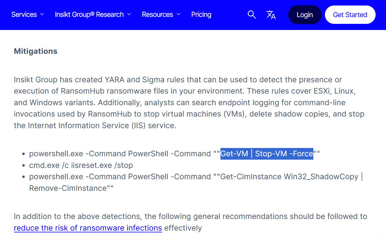 Group-IB article titled “Windows Ransomware Internals.” Text: “When the malware is executed, it parses the command-line arguments to locate the -pass parameter, which is critical for its operation. The provided passphrase is used to decrypt the configuration file, enabling the malware to access its essential parameters. Without the correct -pass, the malware will terminate and print ‘bad config’ (highlighted in blue) to the console.” Followed by the config.json: master_public_key, extension: .6706c3, note_file_name: README_
RansomHub implements a passphrase-protected configuration model. The binary does not contain its configuration in plaintext — instead, it embeds an AES-encrypted configuration blob that is only decryptable at runtime if the correct -pass argument is supplied.
This design serves multiple purposes:
- Anti-analysis: Without the correct passphrase, sandboxes receive a
bad configtermination and no behavioral indicators - Affiliate key distribution: Each affiliate receives their own unique passphrase paired with their compiled build, preventing payload sharing or reuse across affiliate accounts
- Code reuse protection: The same binary can be deployed to multiple victims, with per-victim configuration controlled via the passphrase
The decrypted configuration (shown in the Group-IB screenshot) reveals the full operational parameters:
| Config Key | Value | Purpose |
|---|---|---|
master_public_key | 6706c3... | ECDH public key for file encryption |
extension | .6706c3 | File extension appended to encrypted files |
note_file_name | README_<random>.txt | Ransom note filename |
local_disks | true | Encrypt local drives |
network_shares | true | Encrypt network shares |
kill_processes | true | Kill processes with open file handles |
kill_services | true | Stop services before encryption |
self_delete | true | Erase itself post-encryption |
net_spread | true | Attempt automatic lateral spread |
Answer Q12:
-pass
Answer Q13:
bad config
Q14: What is the EDR termination tool used by RansomHub as a loader?
EDRKillShifter was first documented by Sophos in mid-2024 after a failed RansomHub attack. The tool works by loading a vulnerable driver (BYOVD — Bring Your Own Vulnerable Driver) onto the victim system, then using the driver’s legitimate kernel access to terminate EDR and AV processes that would otherwise block the ransomware.
The BYOVD technique is significant because:
- The loaded driver is legitimately signed by Microsoft or a legitimate vendor
- Kernel-mode termination of security processes bypasses all user-mode protection
- The EDR software cannot protect itself from kernel-level attacks
RansomHub made EDRKillShifter available to all affiliates via their RaaS administration panel — this is the “loader” component referenced in Q14.
Answer Q14:
EDRKillShifter
Q15: What programming language was used to develop the final payload/killer code?
Returning to the Symantec research on RansomHub’s Knight lineage:
Both RansomHub and its Knight predecessor are written in Go (Golang). The choice of Go for ransomware development has become increasingly common for several strategic reasons:
- Cross-platform compilation: One Go codebase compiles to Windows, Linux (ESXi), and macOS targets — enabling RansomHub to offer Windows, Linux, and ESXi variants from a single codebase
- Static linking: Go binaries include all dependencies, meaning they run on any target without requiring runtime installations
- Anti-analysis: Go’s reflection and goroutine model complicate both static and dynamic analysis compared to traditional C/C++ binaries
- Gobfuscate: Combined with the Gobfuscate obfuscator (which mangles symbol names and injects dead code), Go ransomware is particularly resistant to signature-based detection
Answer Q15:
Go
9. Phase 8: Pre-Encryption Operations (Q16 & Q17)
Objective: Identify the PowerShell cmdlets used to stop VMs and determine how many Windows log files are cleared.
Q16: What two PowerShell cmdlets stop virtual machines?
| ![Insikt Group (Recorded Future) research article showing Mitigations section. Bullet points: “powershell.exe -Command PowerShell -Command ““Get-VM | Stop-VM -Force”” (highlighted in blue), cmd.exe /c iisreset.exe /stop, powershell.exe -Command PowerShell -Command ““Get-CimInstance Win32_ShadowCopy | Remove-CimInstance”””